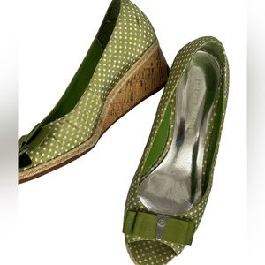 Etienne Aigner polkadotted bow open toe cork wedge shoes size 6.5